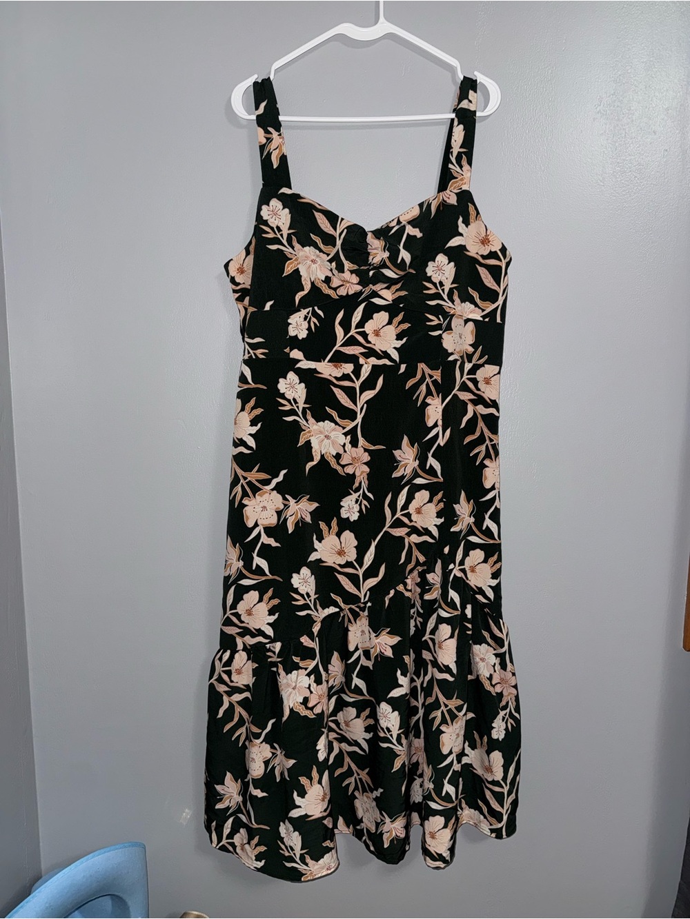 Olive Green Floral Slip Dress with Pink-Beige Blooms